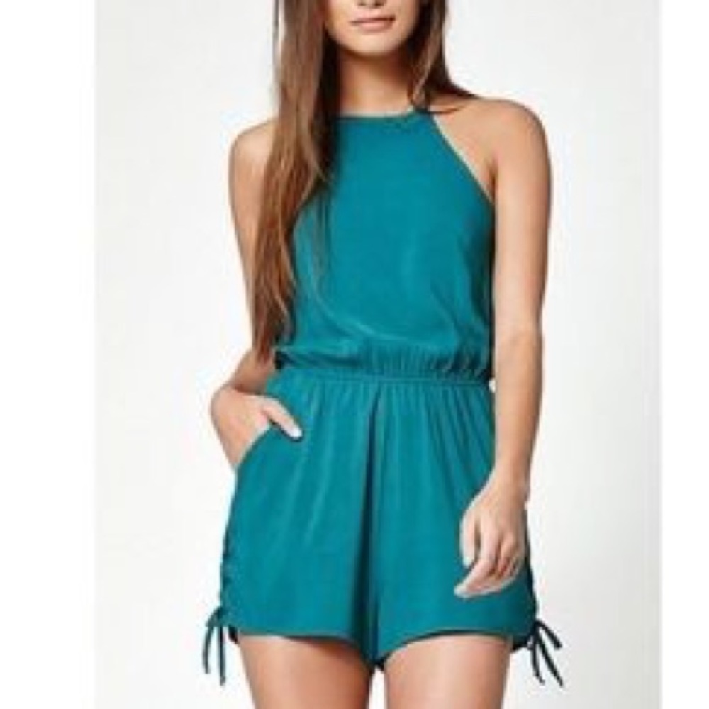 Kendall Kylie Teal Goddess Halter Romper Jumpsuit